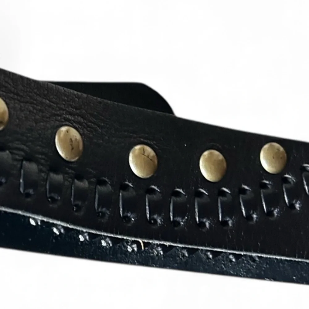 Linea Pelle Studded Black Leather Woven Belt Size XL 44”Length 1 7/8” Wide